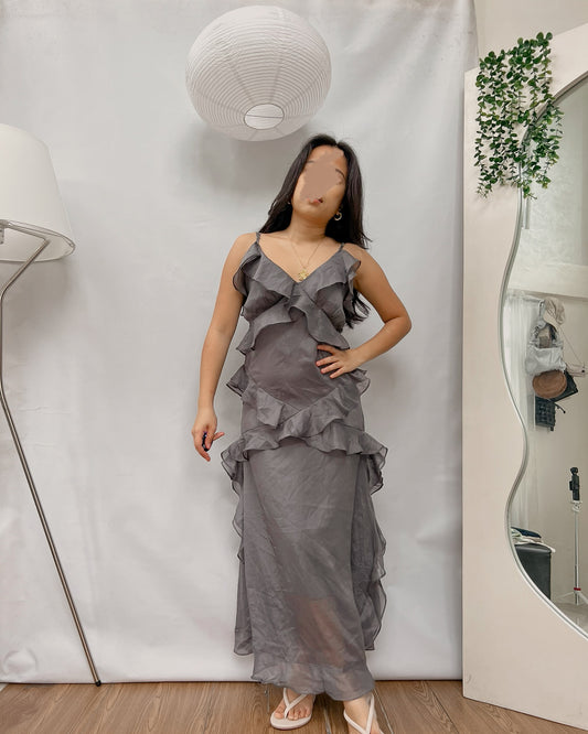 gray ruffled maxi dress Y15