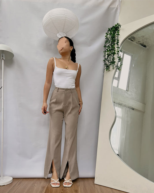 grayish brown with front slit semi flare style trousers z3