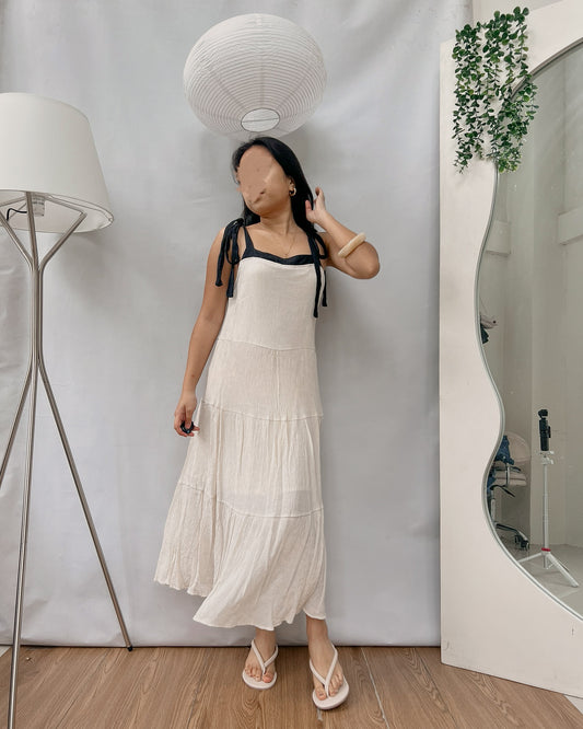 Cream  tiered maxi dress with black shoulder ties