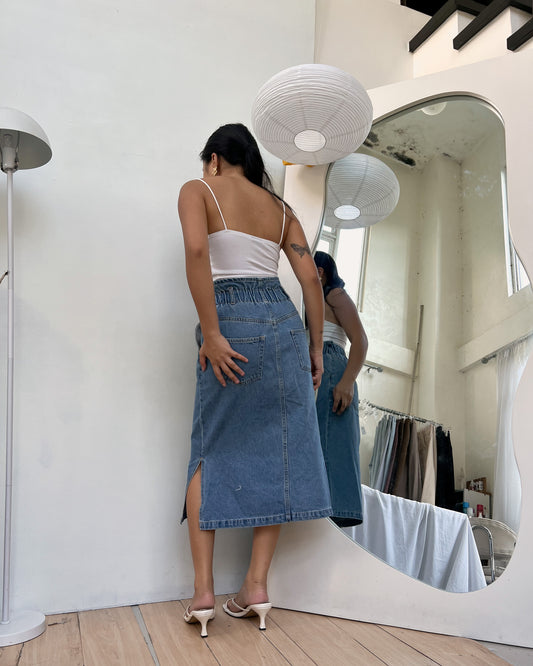 paper bag style denim midi skirt (V24)