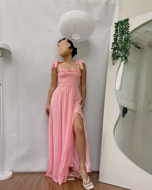 high quality textured fabric double lined smocking self tie maxi dress