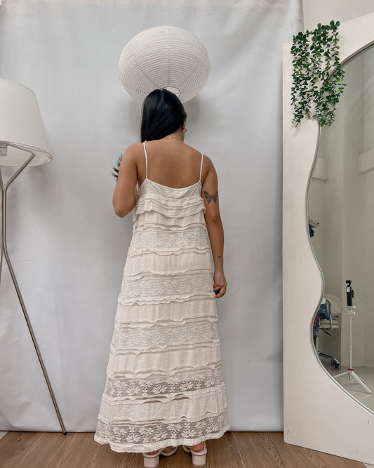 cream lace tiered maxi dress