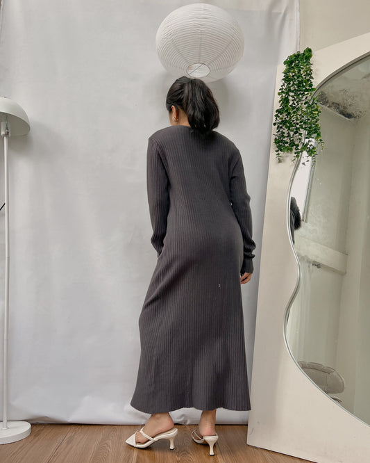 dark gray long sleeve soft ribbed knit maxi dress