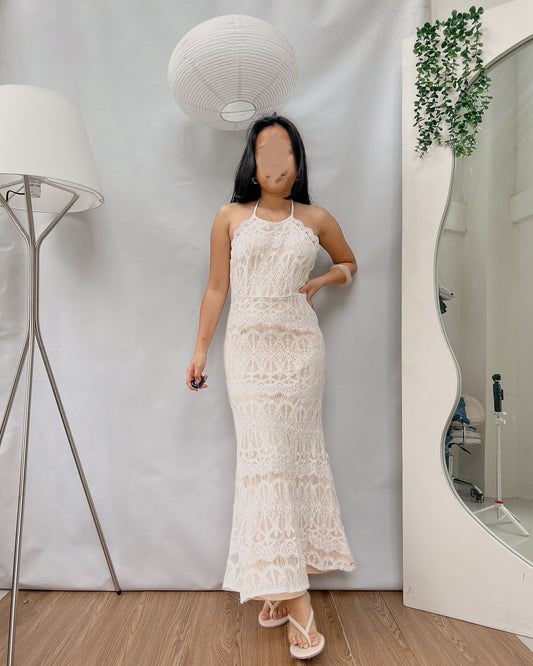 off white lace double lining halter backless maxi dress