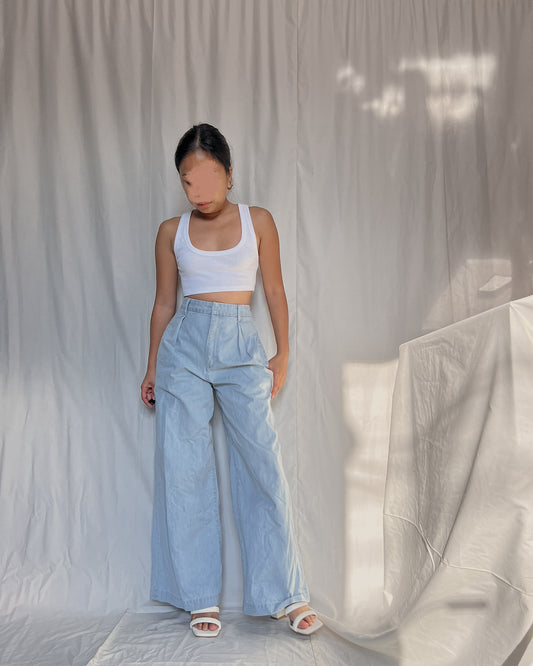 light washed denim pleated wide leg pants (A2)