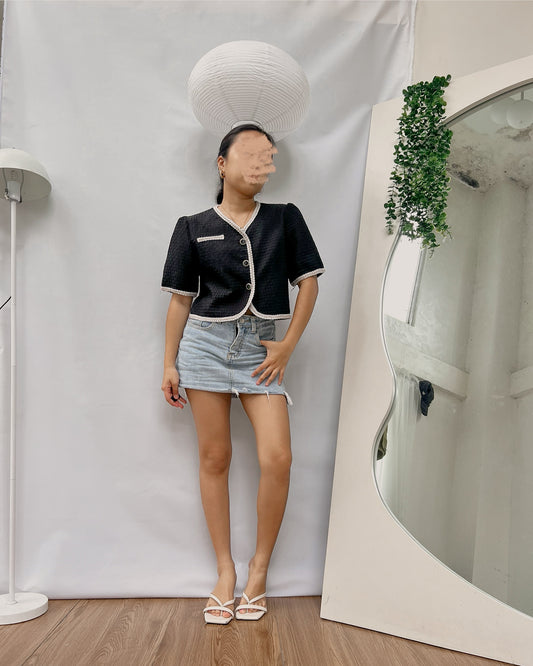 black tweed  crop top with white hemline T193