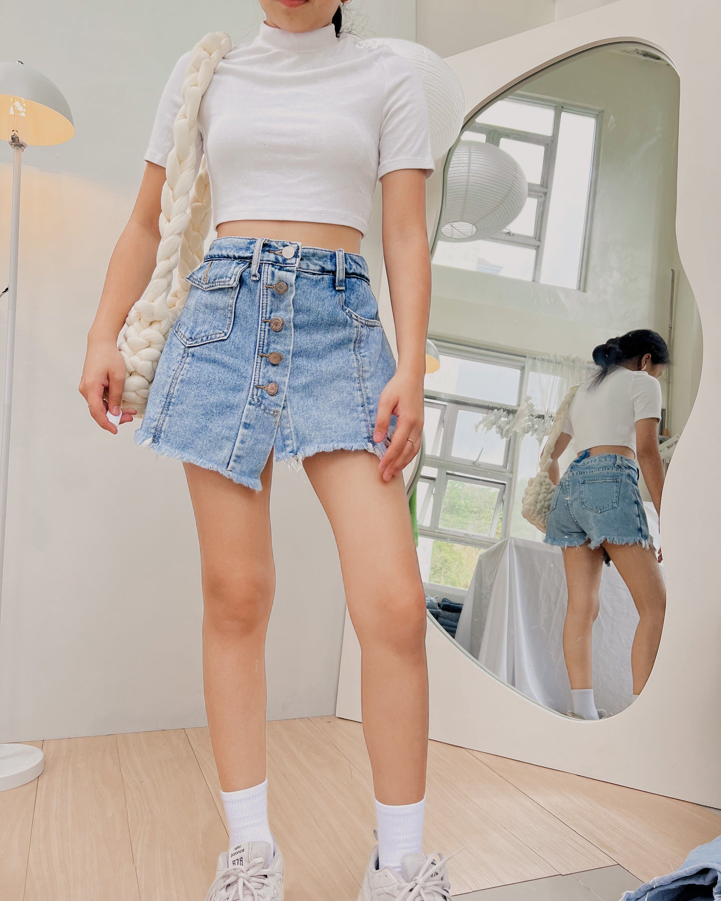 t10 denim skort with 4 metal buttons
