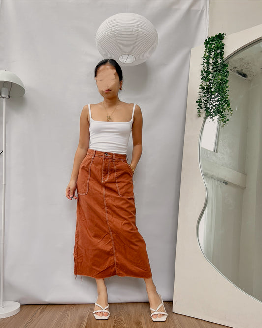 BERSHK@ rustic brown contrast stitch maxi skirt with raw hemline S18