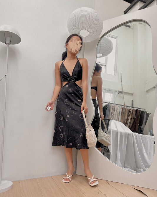 black dress with celestial prints