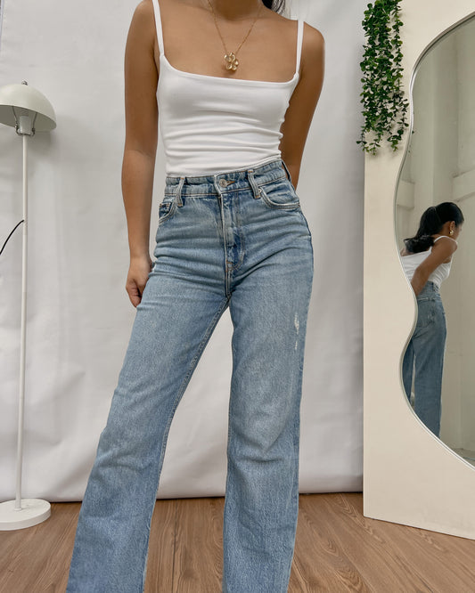 BERSHKA light washed raw hem straight cut denim pants F38