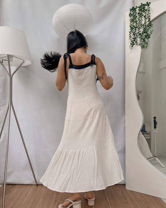 Cream  tiered maxi dress with black shoulder ties
