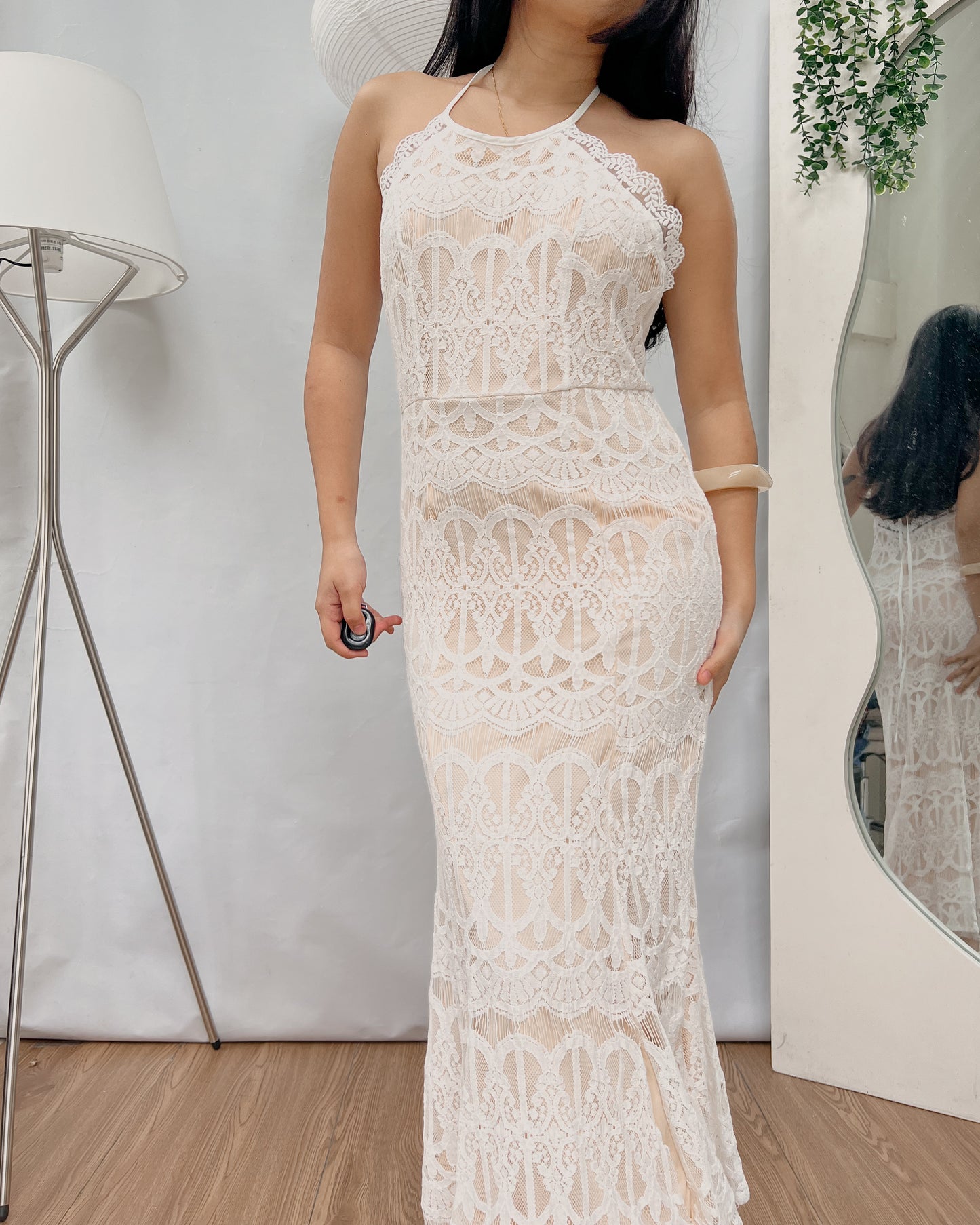 off white lace double lining halter backless maxi dress