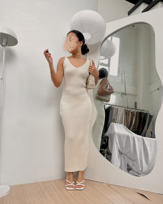 white ribbed knit V-neck maxi body hugging dress