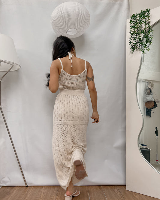 cream knitted high quality  halter neck maxi dress Y31