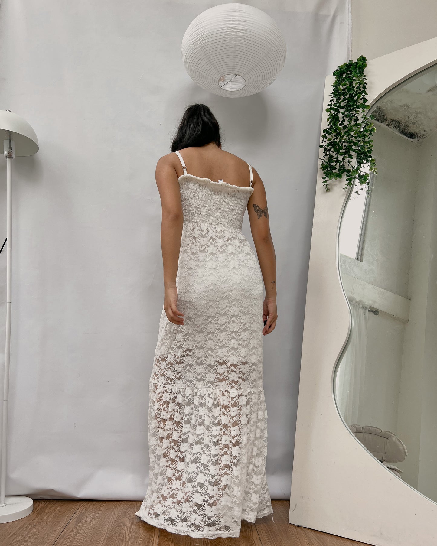white lace maxi dress with bust smocking