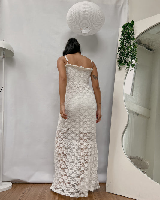 white lace maxi dress with bust smocking