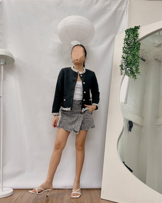 black tweed jacket with white hemline J583