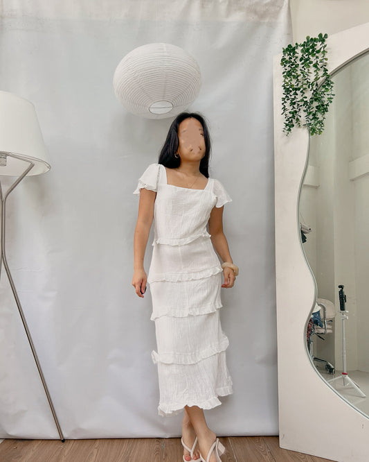 white tiered flutter sleeves midi dress