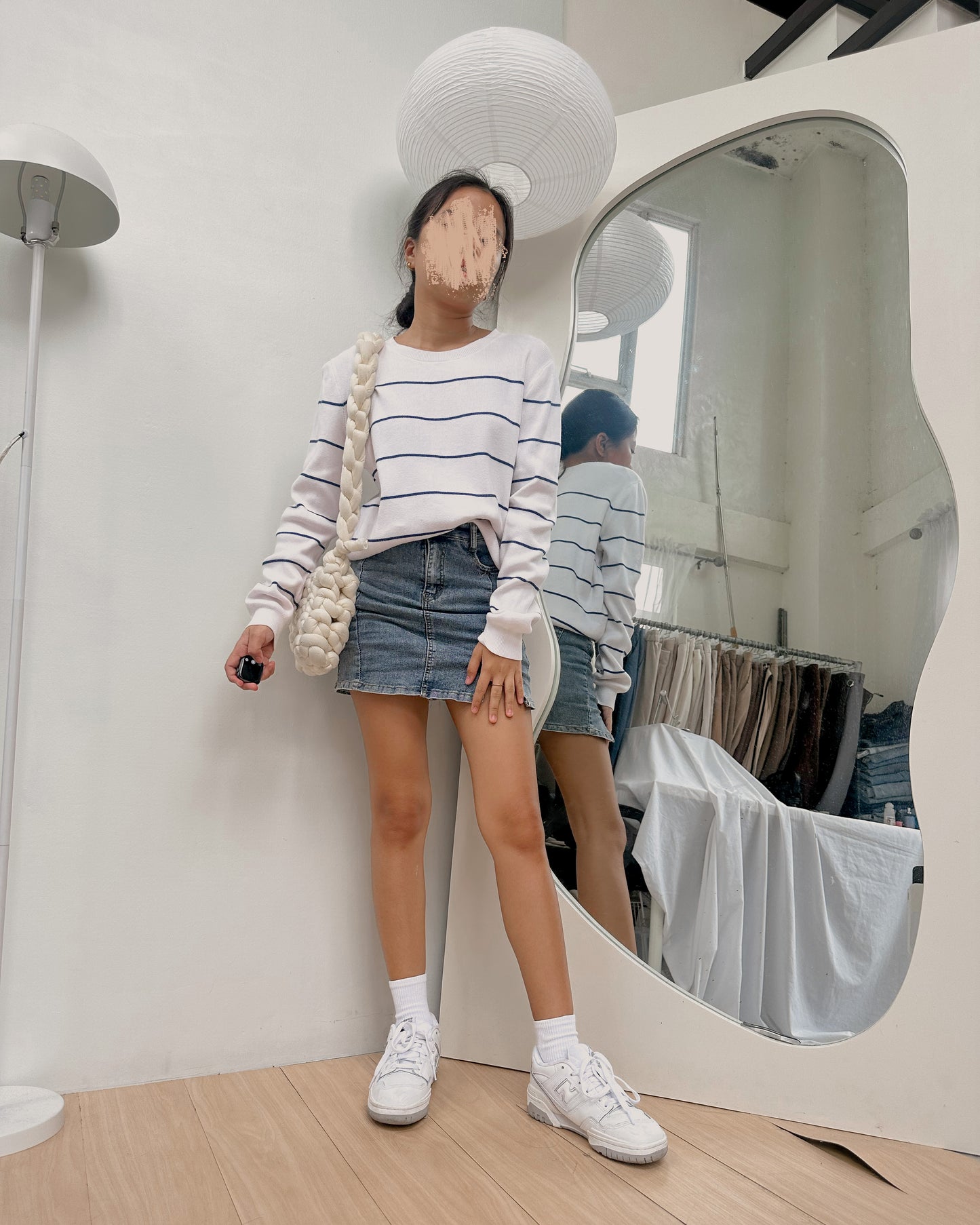 white pullover with horizontal lines