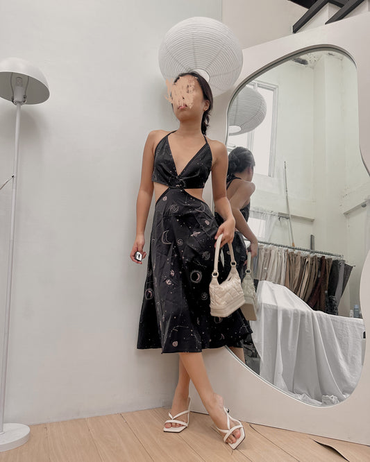 black dress with celestial prints
