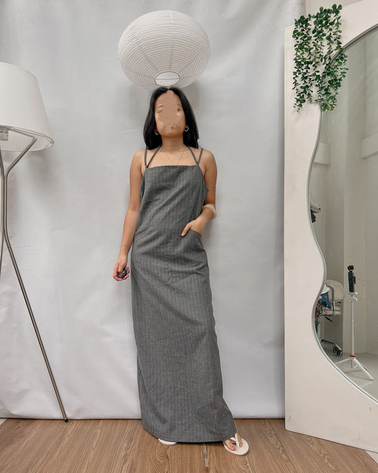 gray high quality pinstripe halter neck dress with back slit Y24