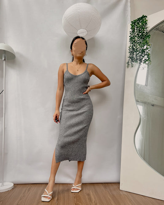 gray ribbed knit body hugging dress with side slit