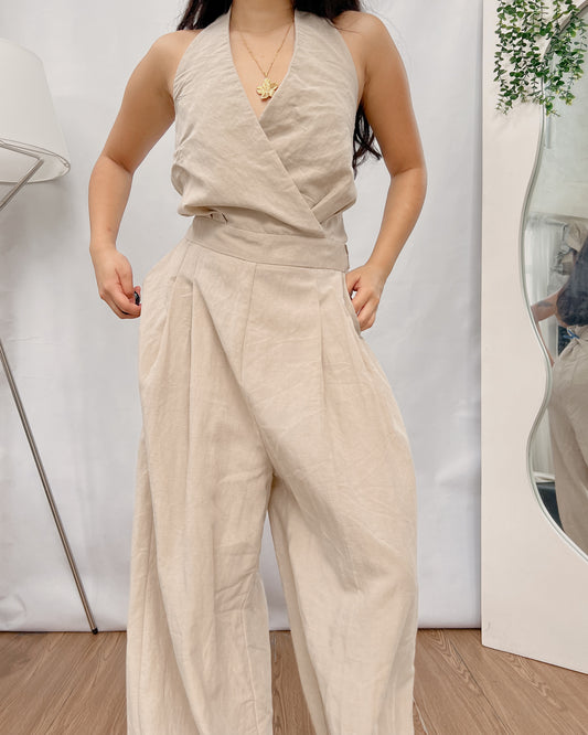 Favorite high quality double lined linen beige halter wide-leg backless jumpsuit Y33