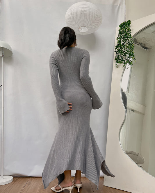 gray ribbed knit body hugging dress