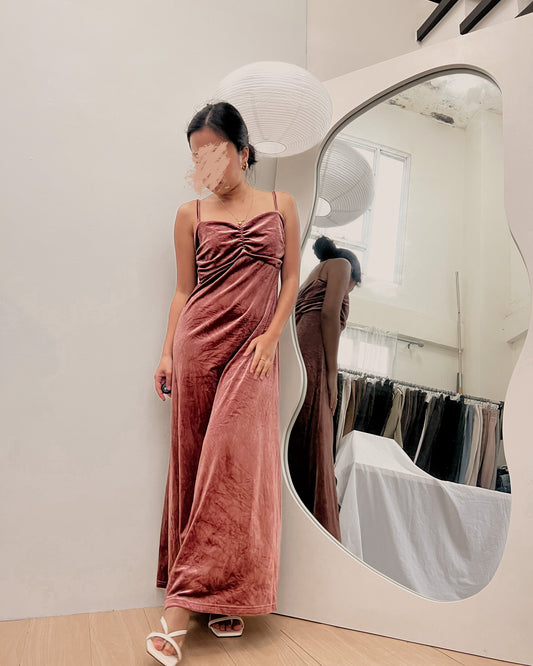 velvet with ruching bust design maxi dress