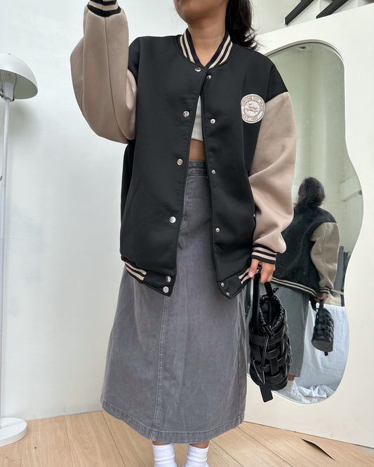 black and brown oversize bomber jacket