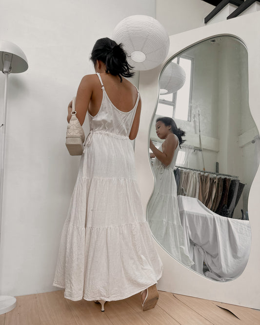 white tiered linen maxi dress