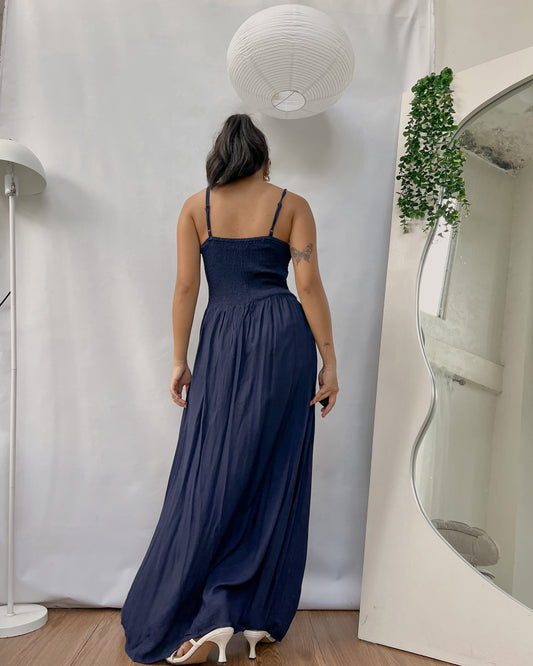 navy blue linen smocked maxi dress