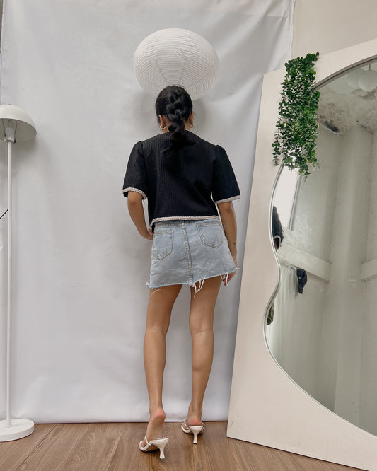 black tweed  crop top with white hemline T193