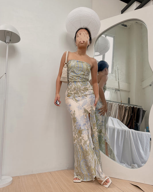 body hugging maxi dress with scarf prints