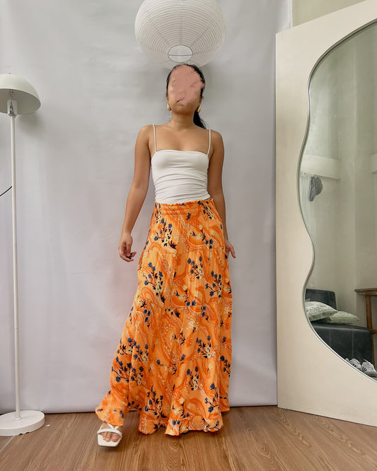 orange floral tiered maxi skirt