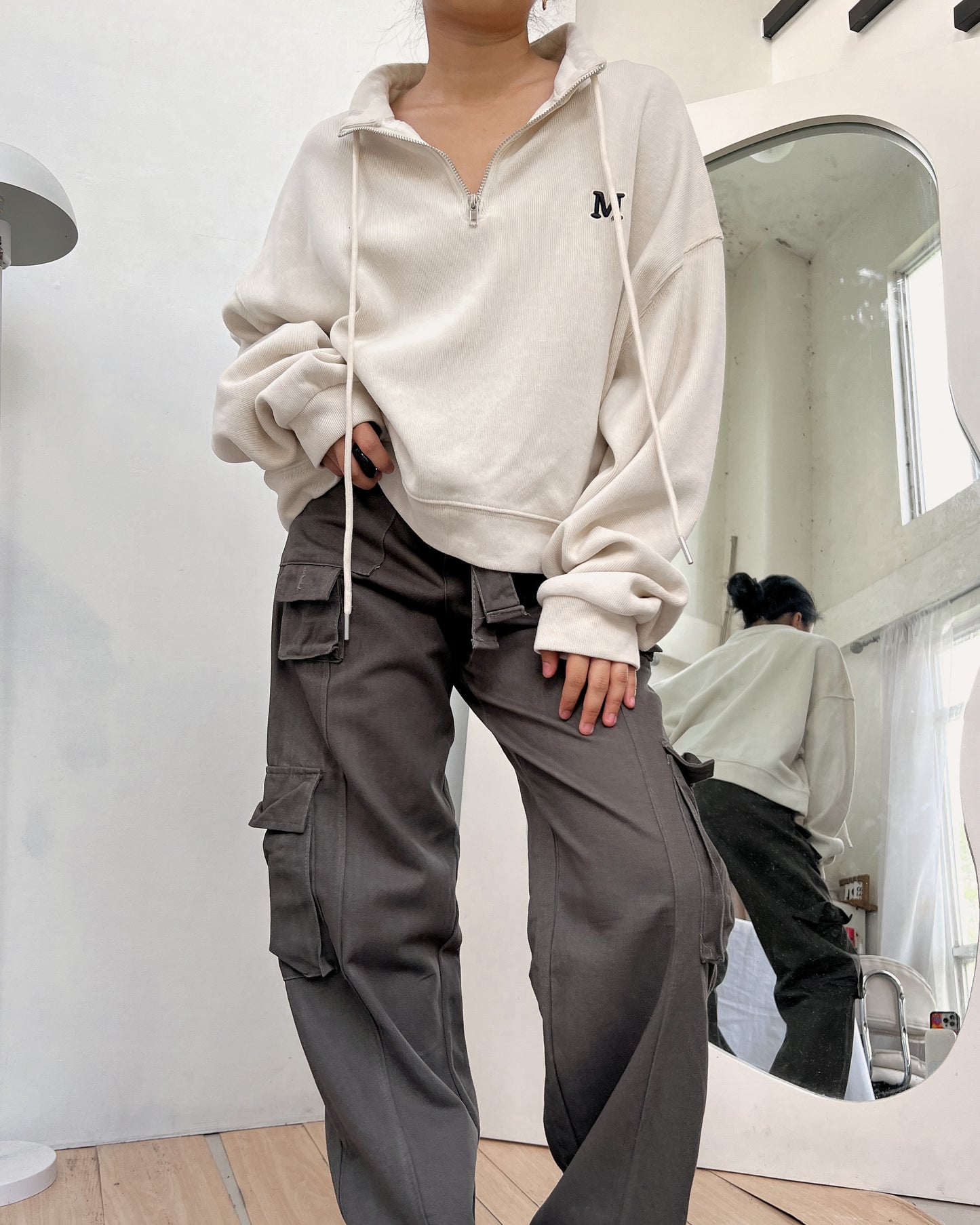 army green denim cargo pants with detachable waist tie (K33)