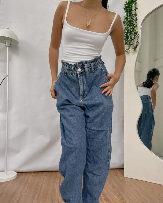 ZARA paper bag style dark washed denim pants F12