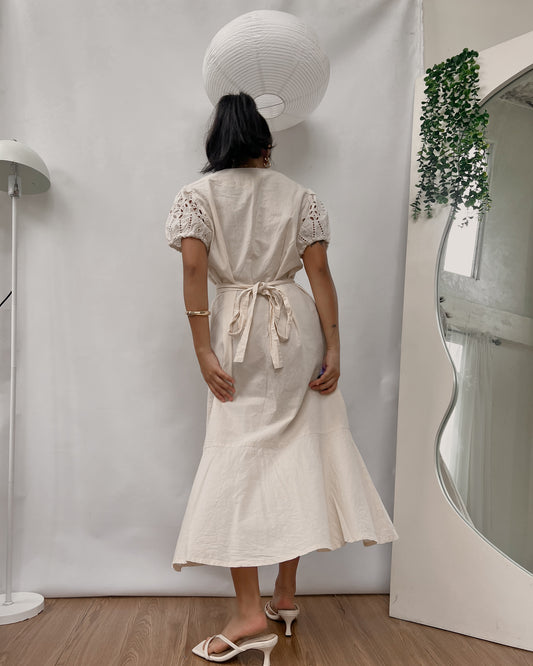 nude button down linen maxi dress with eyelet sleeves