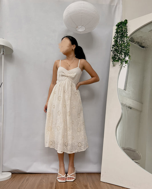 white eyelet dress with knot bust