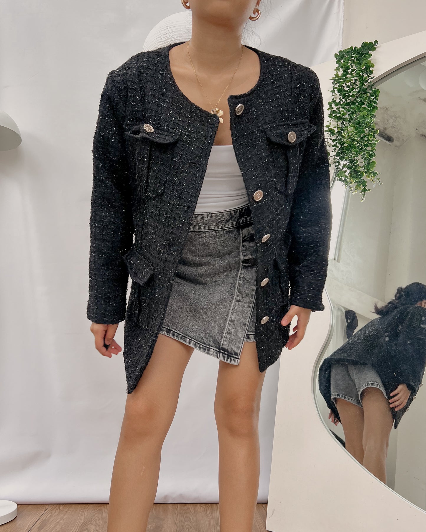 black button down tweed jacket J529