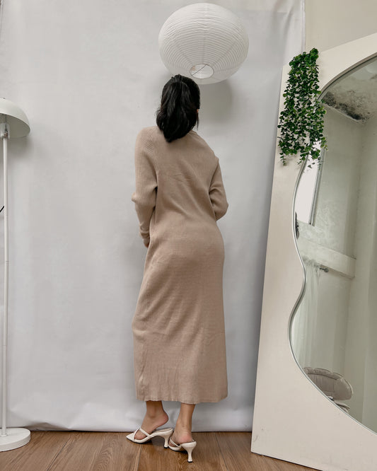 brown collared button down ribbed knit dress