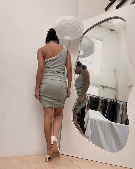 ribbed mint green mini dress with ruching side detail