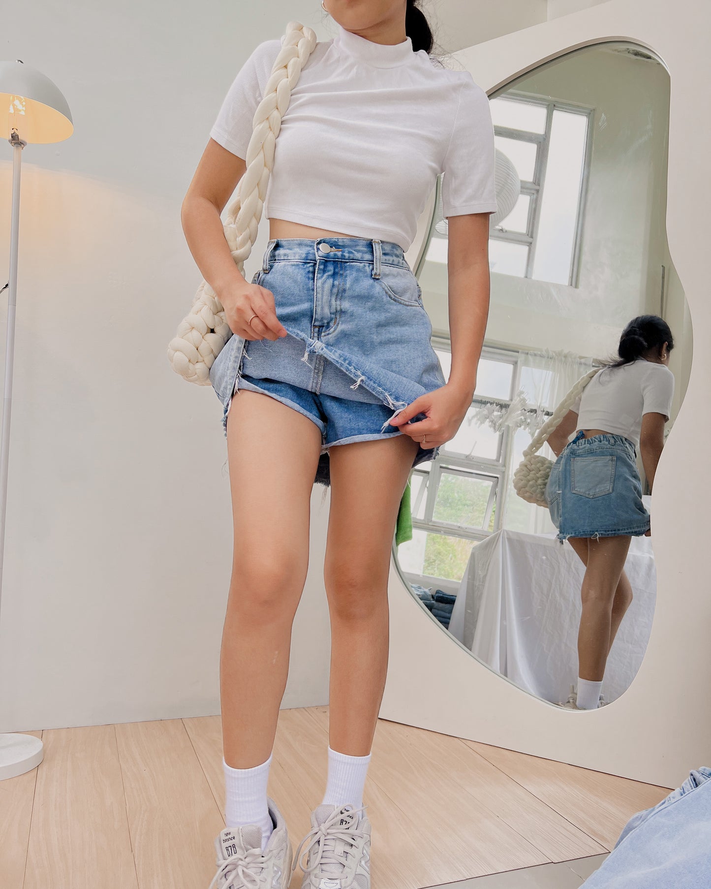 t9 denim fit skort with raw hemline