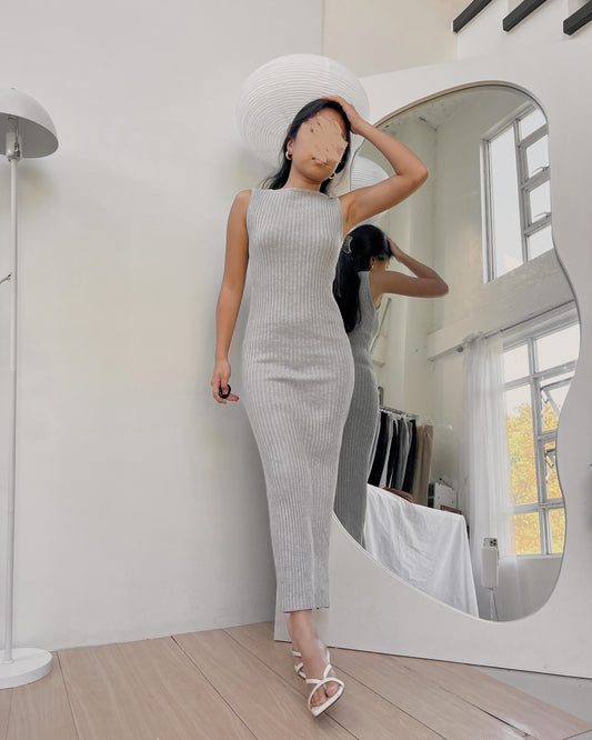 grey ribbed knit maxi dress