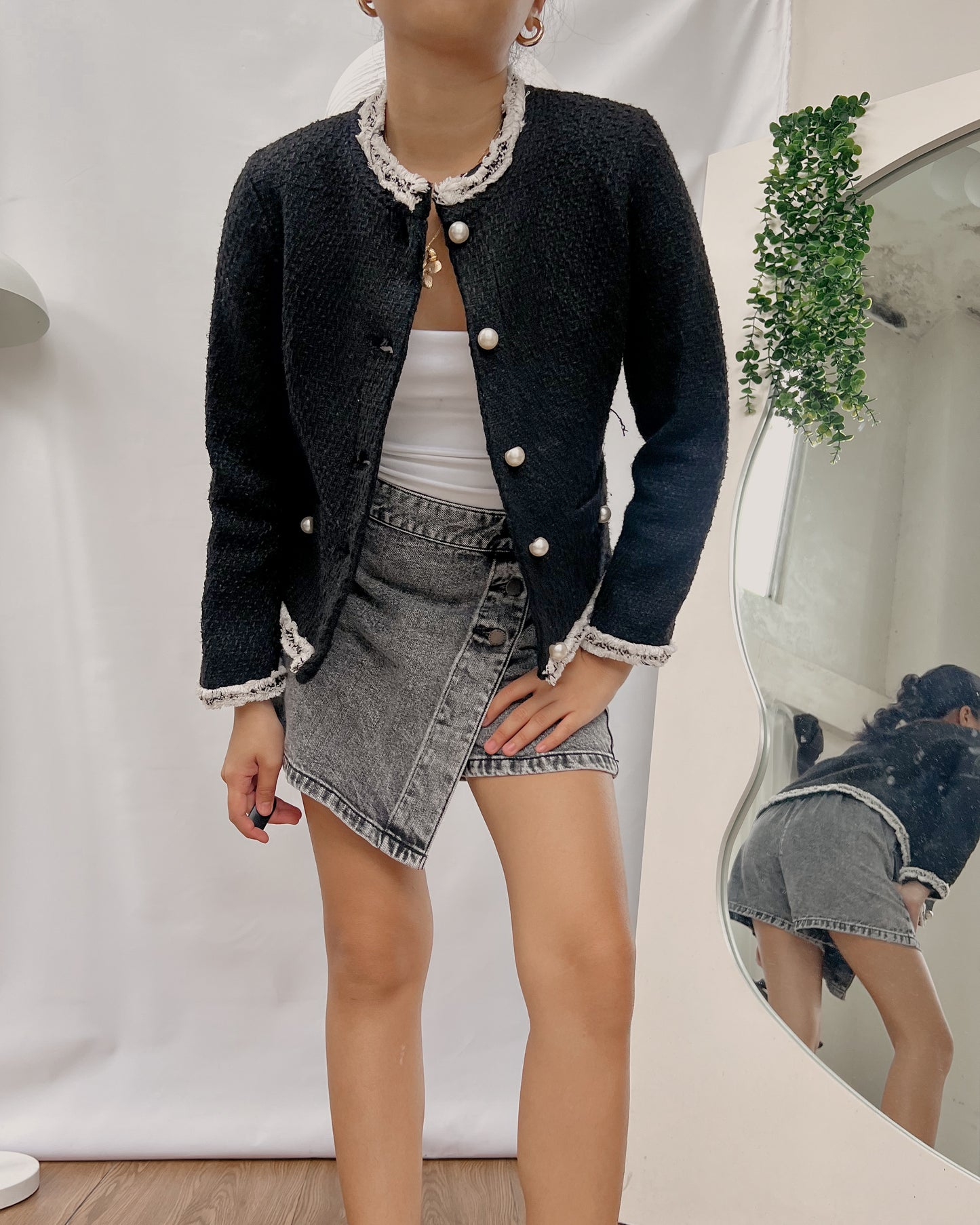 black tweed jacket with white hemline J583