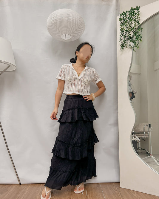 black textured tiered ruffled maxi skirt C2