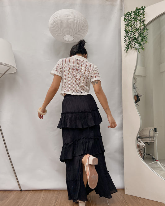 black textured tiered ruffled maxi skirt C2