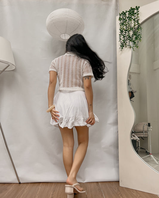 white ruffled tie front skirt T1