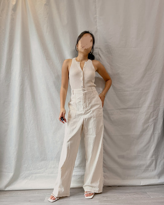 linen contrast stitch wide leg trousers s21