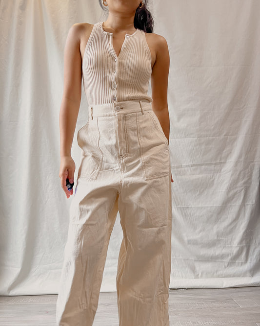linen contrast stitch wide leg trousers s21